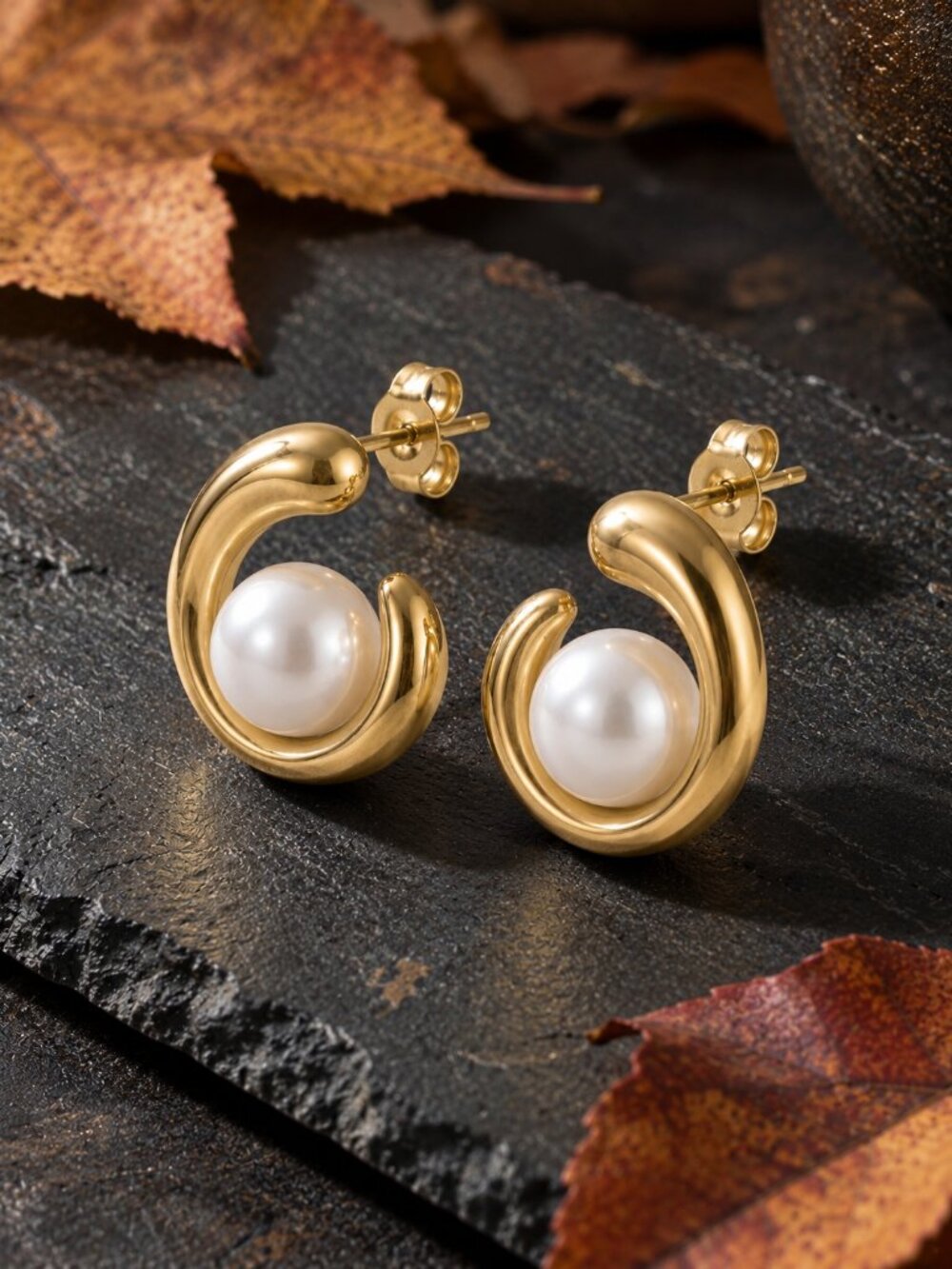 Chunky Gold Pearl Swirl Stud Earrings Sculptural Wave Statement Art Deco 0.7"